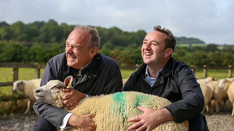 Danny Chambers and Ed Davey with sheep