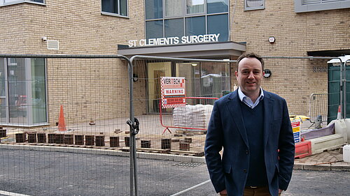 Danny outside St Clements Surgery